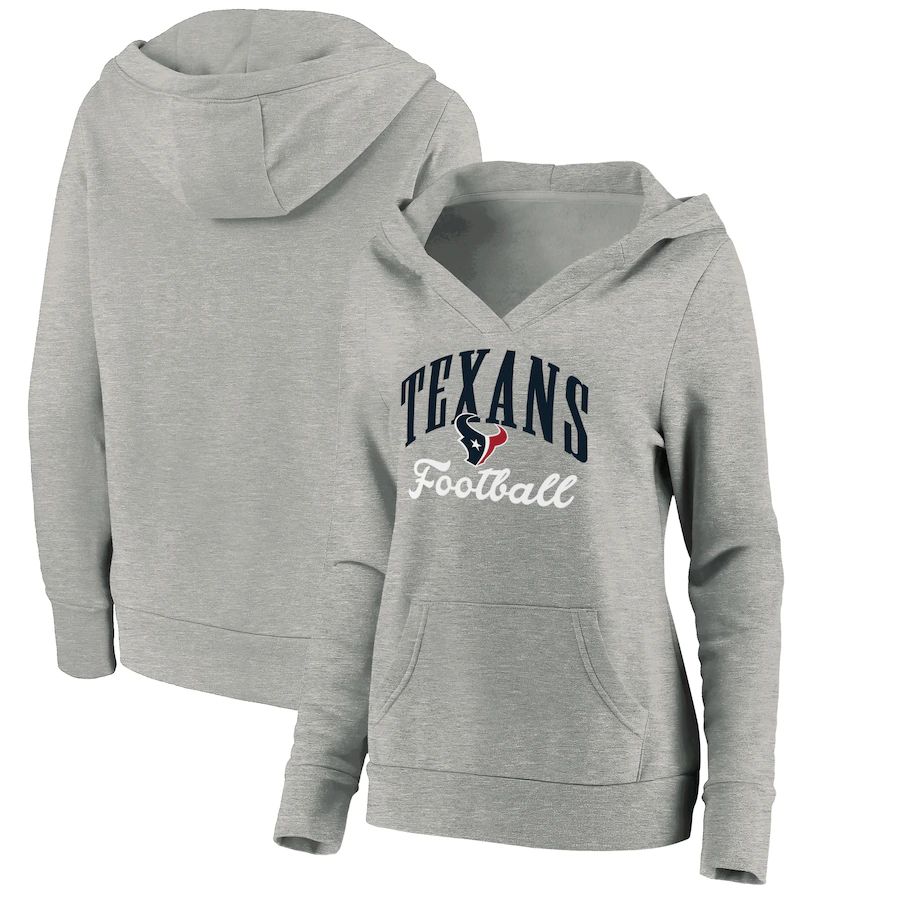 Women Houston Texans Fanatics Branded Heathered Gray Victory Script V-Neck Pullover Hoodie->women nfl jersey->Women Jersey